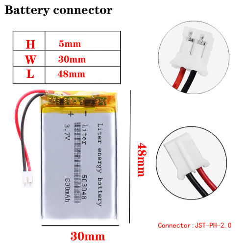 3.7V 503048 800MAH Liter energy battery lithium polymer Battery For GPS wireless stereo headset tablet battery With 2pin PH 2.0mm Plug