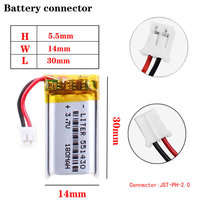 180mAh 3.7V 551430 Lithium Polymer Rechargeable battery is For Mp3Mp4 Mp5 DIY bluetooth heads remote With 2pin PH 2.0mm Plug