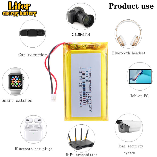 123464 3.7V 2800mAh Rechargeable li Polymer Battery For powr Bank GPS navigation camera phone With 2pin PH 2.0mm Plug