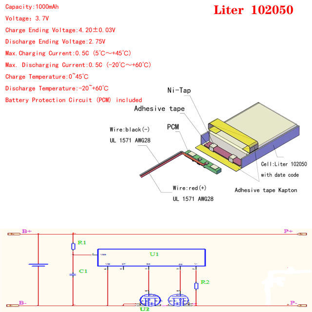 3.7V 102050 1000mAh BIHUADE lithium polymer Rechargeable battery With PCB For MP3 MP4 GPS PDA BT Bluetooth Headset Speaker