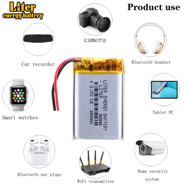 3.7v 302040 250mah Polymer Lithium Battery  Mp4 Mp3 Clip Small Toy Sound  Lipo battery