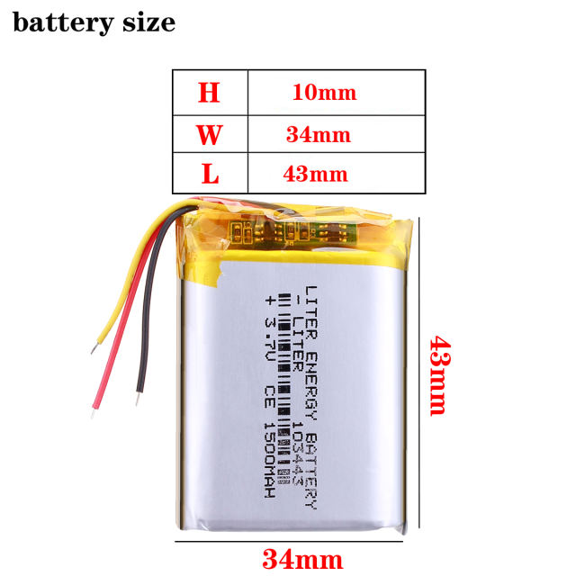 Three lines 3.7V 103443 1500Mah Liter energy battery Rechargeable Li Ion Polymer Batteries For Smart Wearable Digital Equipment