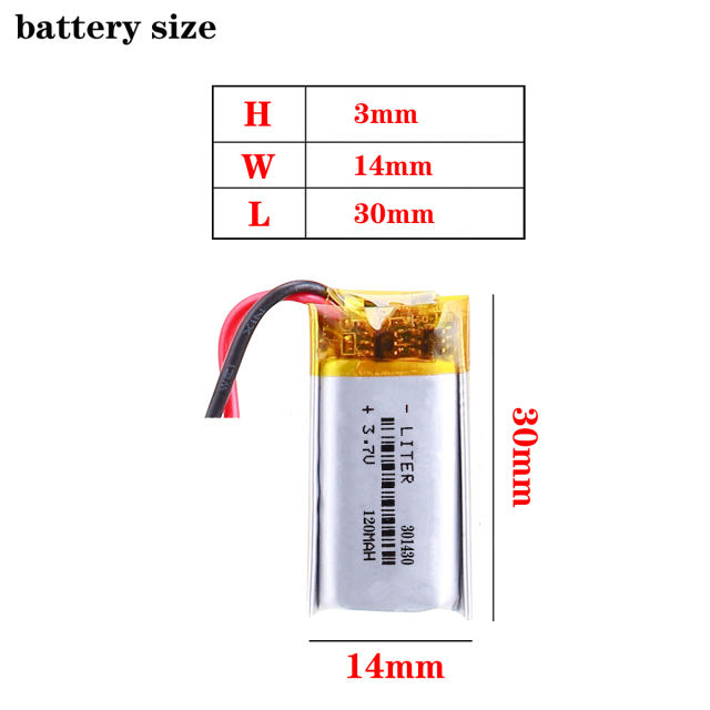 3.7 V 301430 120mAh Liter energy battery polymer lithium battery with protection board , used for bluetooth MP3,MP4