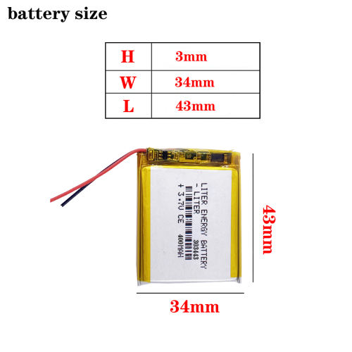 3.7V 400mAH 303443 BIHUADE polymer lithium ion battery for GPS,mp3,mp4,mp5,dvd,bluetooth,model toy mobile bluetooth