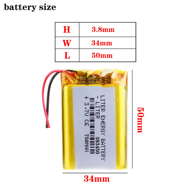 3.7V 383450 750mah BIHUADE polymer lithium battery For MP3 MP4 GPS navigation recorder, speaker Toy Headset