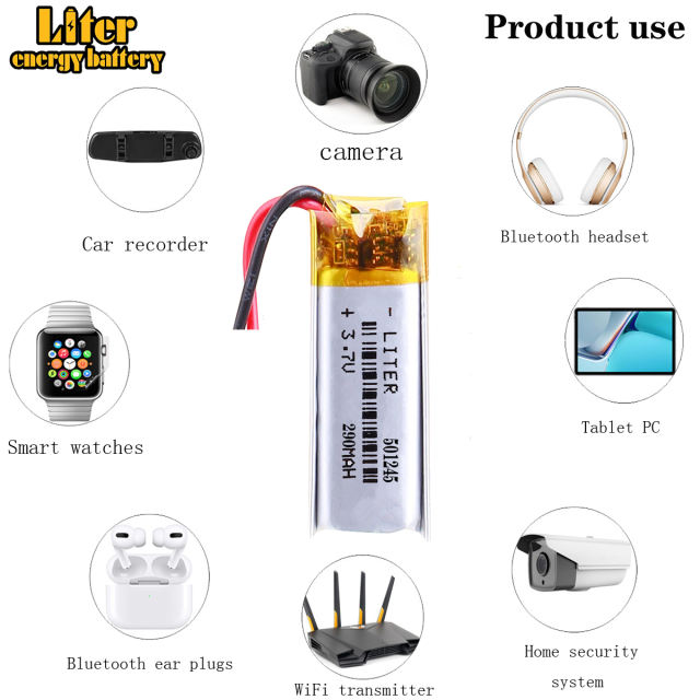 3.7V 501245 290mah Liter energy battery Lithium Polymer Rechargeable Battery For GPS Bluetooth headset speaker Reading pen