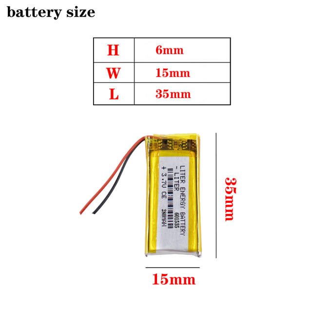 601535 3.7v 280MAH  Liter energy battery lithium polymer battery For MP3 Smart watch toys DVR Sports headphone