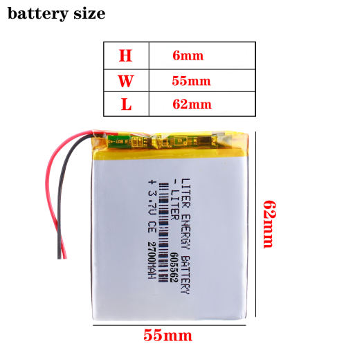 3.7V 605562 2700mah Liter energy battery lithium polymer battery for 7 inch MP4 MP5 navigator security products