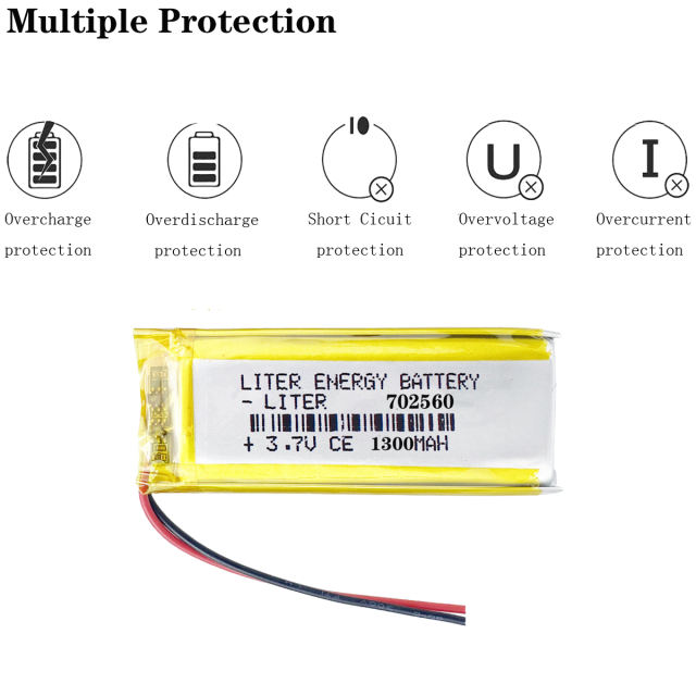 3.7V 702560 1300mah Lithium Polymer Rechargeable Battery For Tachograph Bluetooth speaker Toy LED Lamp