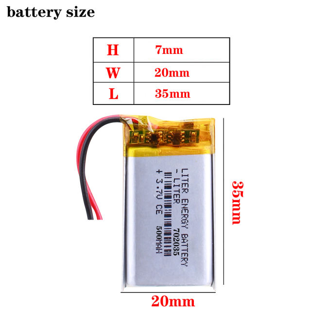 500mah 3.7 V 702035 Liter energy battery smart home MP3 speakers Li-ion battery for dvr,GPS,mp3,mp4,power bank,speaker