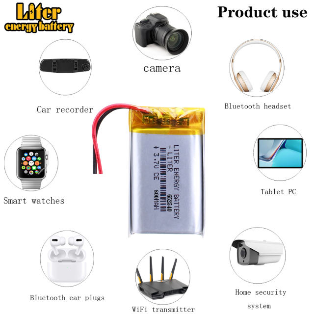 3.7V 652540 800mAh BIHUADE Polymer Lithium ion / Li-ion Battery For GPS Mp3 Mp4 Radio-controlled Electrical Device DVR CAM
