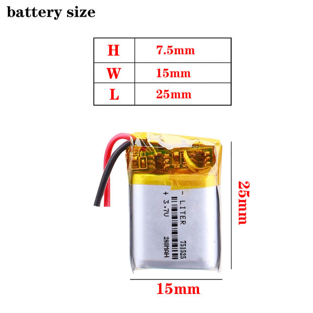 751525 3.7v 280MAH  Liter energy battery lithium polymer battery For MP3 Smart watch toys DVR Sports headphone