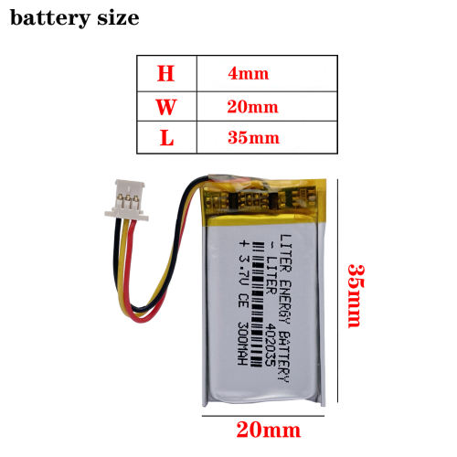 1.0MM 3pin connector 402035 300mah 3.7v DVR car recorder high-temperature li-po polymer rechargeable lithium battery