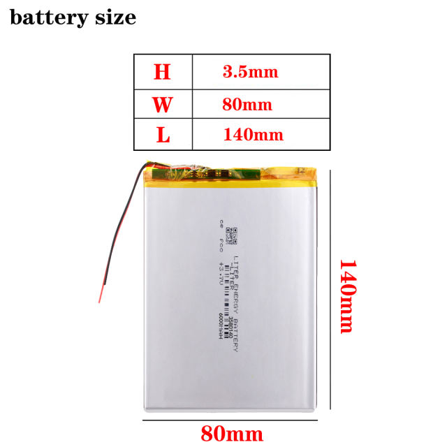 3.7v 6000mah 3580140 Liter energy battery  li-ion para v88,  v971 m9 tablet pc