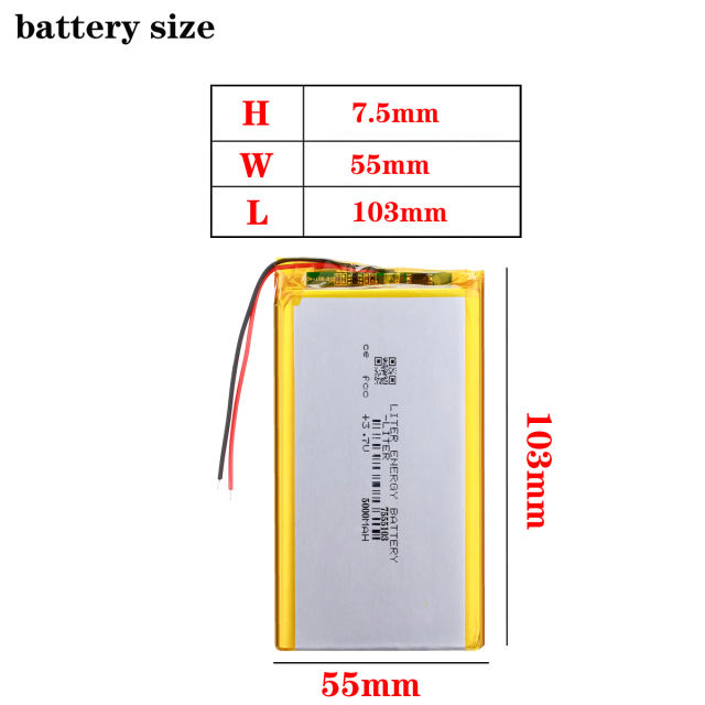 3.7V,5000mAH 7555103 Liter energy battery Polymer lithium ion / Li-ion battery for tablet pc 7 inch 8 inch 9inch