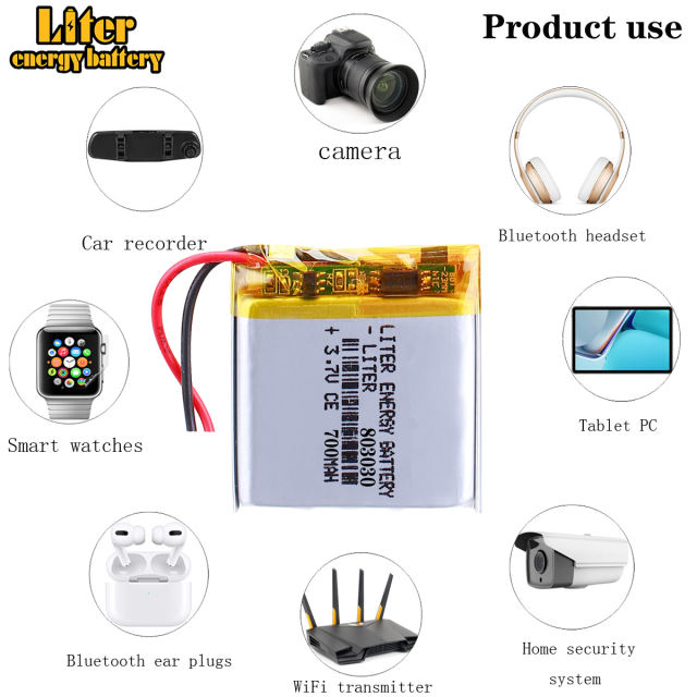 3.7V 803030 700mah BIHUADE polymer lithium battery  With PCB For Toy DVD GPS MP3 MP4 MP5 Smart Watch