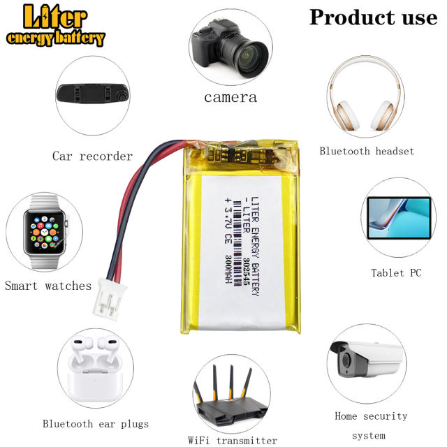 3.7V Lipo 302545  302547  300mAh Small Rechargeable Li-polymer Battery with PH2.0mm connector