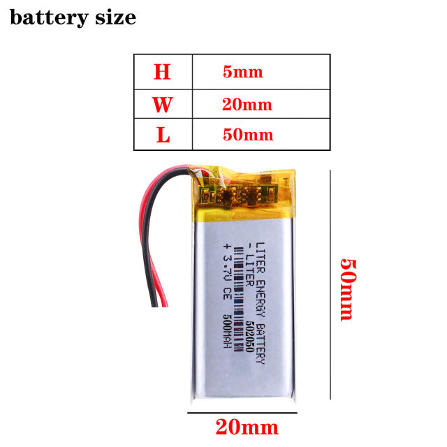 3.7V 500mAh 502050 Rechargeable Lithium Li-ion Polymer Battery for GPS mp3 DVD Bluetooth Toy Mobile