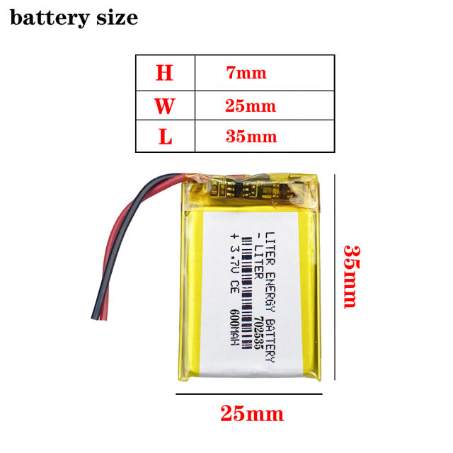 702535 3.7V 600mAh Lithium Polymer LiPo Rechargeable Battery For Bluetooth Ebooks Power Bank Camera