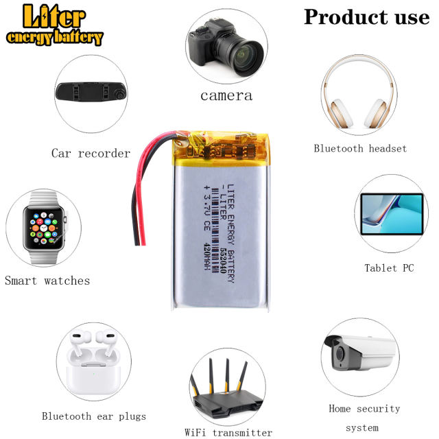 3.7V 420MAH 552040 Liter energy battery Lithium Polymer Rechargeable Battery For  Backup Power LED DVR GPS Electric Toothbrush