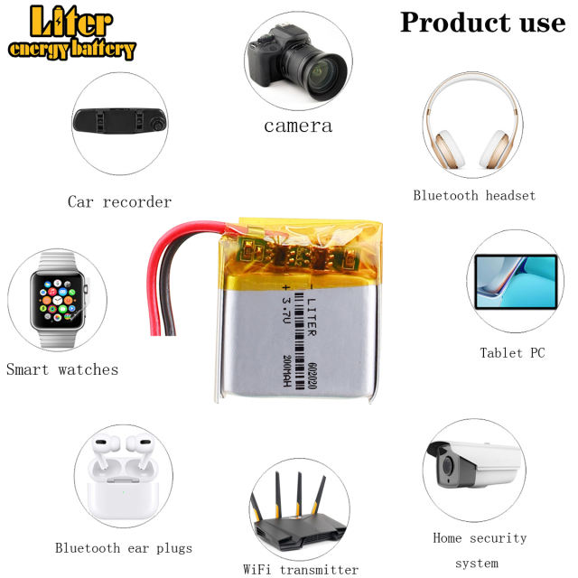3.7v 200mAh 602020 Polymer Lithium Lipo Li ion Rechargeable Battery For Bluetooth Speakers Smart Watch Recorder Led Light
