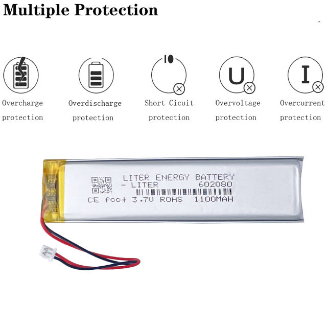 JST1.25 2P 602080 1100mah 3.7v Rechargeable Polymer Strip Shaped Built-In High Capacity Lithium Battery