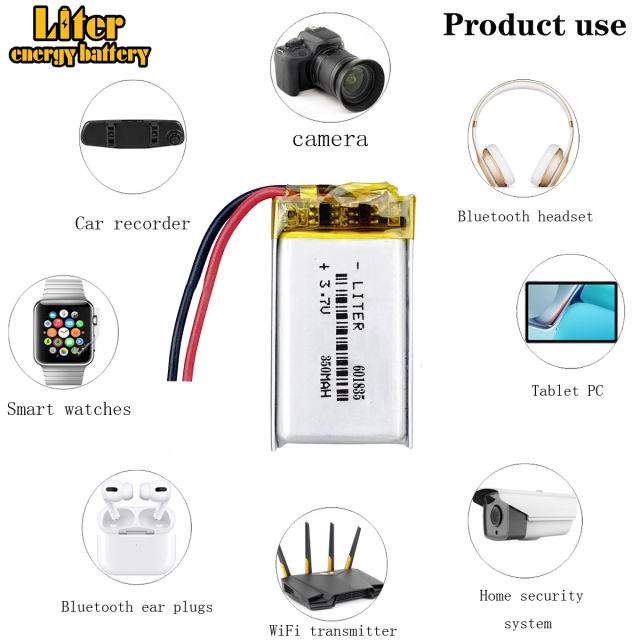 3.7V 601835 polymer lithium battery 350MAH For Bluetooth speaker LED lamp smart wear battery