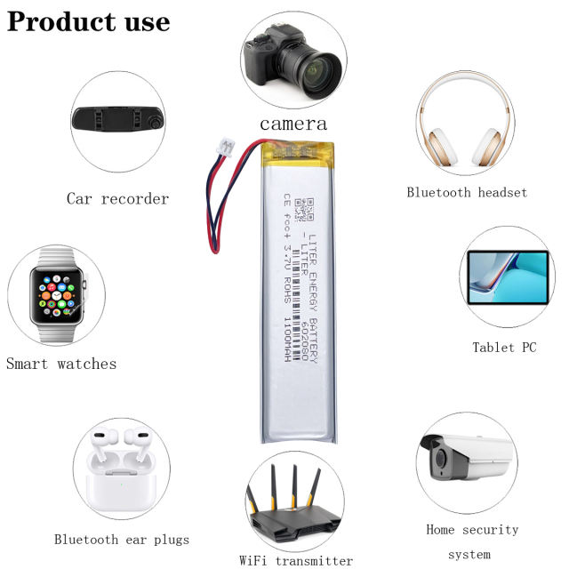 JST1.25 2P 602080 1100mah 3.7v Rechargeable Polymer Strip Shaped Built-In High Capacity Lithium Battery
