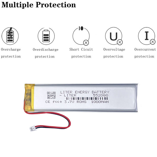 JST1.25 2P 3.7V Rechargeable Polymer 552080 1000mah High Capacity Lithium Battery For Mp4 Mp5 Toy