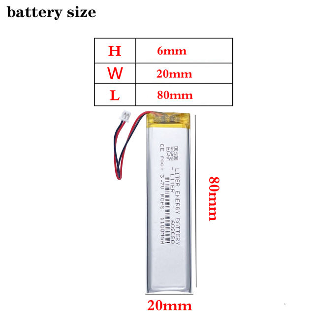 JST1.25 2P 602080 1100mah 3.7v Rechargeable Polymer Strip Shaped Built-In High Capacity Lithium Battery