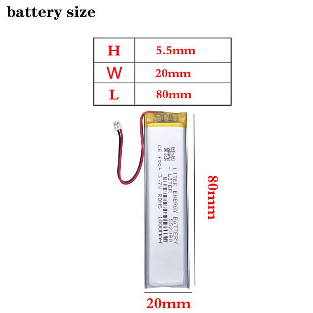 JST1.25 2P 3.7V Rechargeable Polymer 552080 1000mah High Capacity Lithium Battery For Mp4 Mp5 Toy