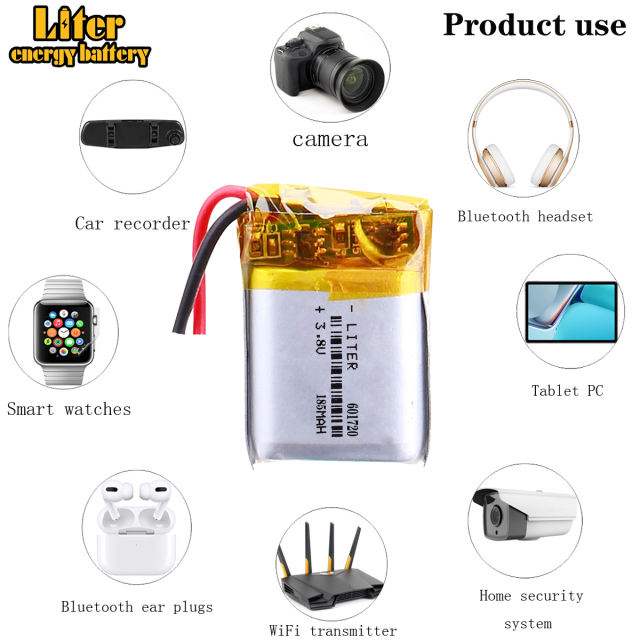 3.8V 601720 185mah 0.703Wh rechargeable li-polymer Polymer lithium battery for Smart watch battery