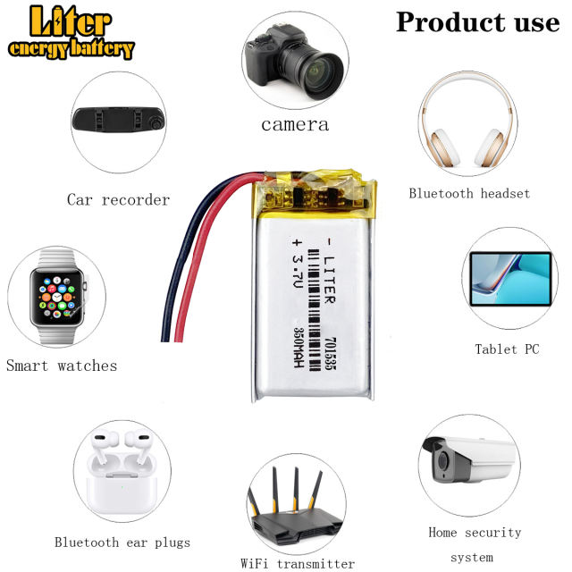 701535 3.7V 350mAh Polymer Lithium Rechargeable Battery for Bluetooth Headset Dog Training Device Credit Card Machine Battery