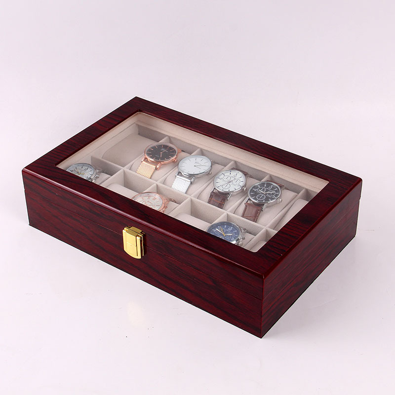 Luxury Gift Classic Wine Red Storage Watch Box, Wooden Watch Organizer, 12 Slots Display Case, Cherry