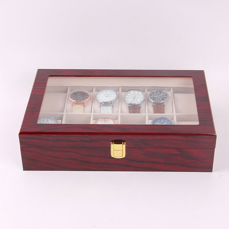 Luxury Gift Classic Wine Red Storage Watch Box, Wooden Watch Organizer, 12 Slots Display Case, Cherry