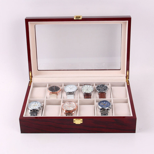 Luxury Gift Classic Wine Red Storage Watch Box, Wooden Watch Organizer, 12 Slots Display Case, Cherry
