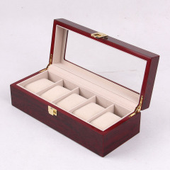 Luxury Gift Classic Wine Red Storage Watch Box, Wooden Watch Organizer, 5 Slots Display Case, Cherry