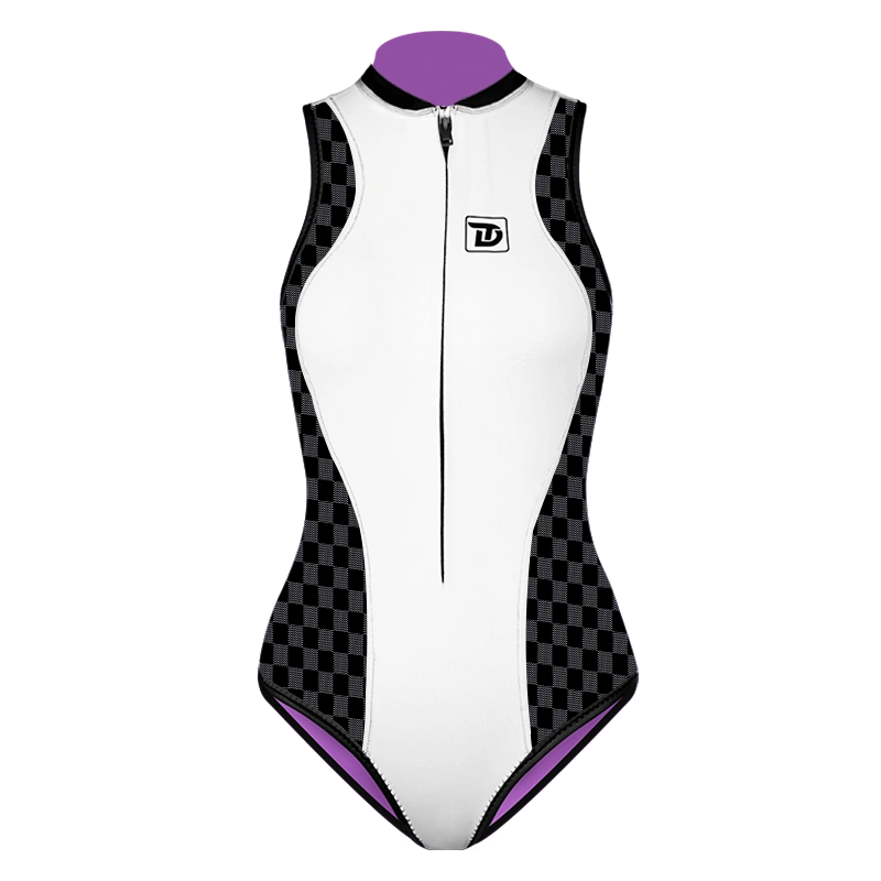 Plaid Patchwork Sleeveless Front-Zipper Bikini Wetsuit 2mm