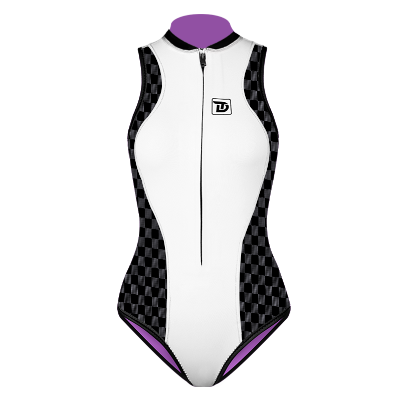 Plaid Patchwork Sleeveless Front-Zipper Bikini Wetsuit 2mm