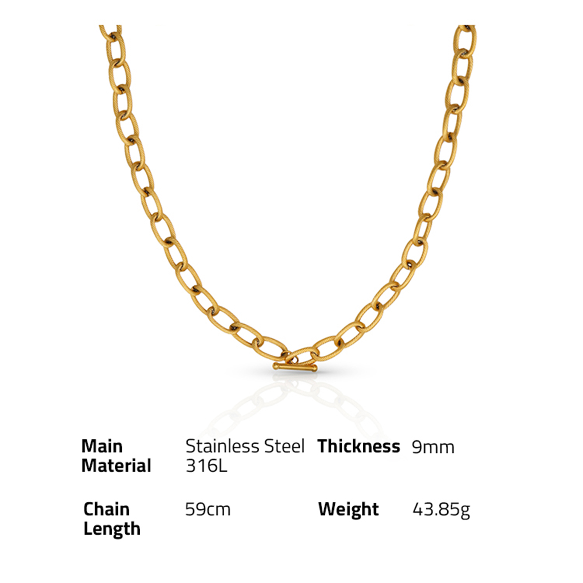 316L stainless steel PVD gold plated water resistant chunky T-bar chain necklace