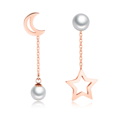 Moon and star design asymetric pearl drop rose gold plated Stainless steel earrings women