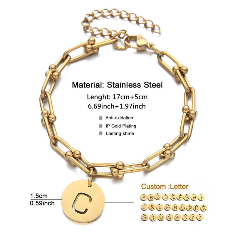 18K Gold Plated Chain & Link Bracelet 26 Initial Letters Stainless Steel Bracelet
