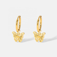 European Hot Jewelry Metal Gold Plated Stainless Steel Butterfly Huggie Earring Statement Butterfly Hoop Earrings Women