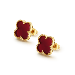 Women's Stainless Steel Button Earrings , Fashion Red 4 Leaf Clover Earrings Jewelry