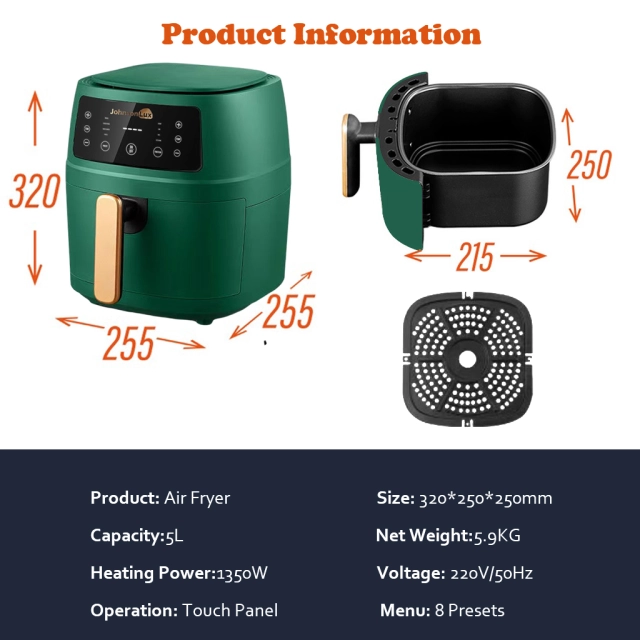 Johnsonlux Air Fryer 5L Electric Household Non-Stick Oil Free Kitchen cooker Baking Automatic Fryer 空气炸锅 Marcaron Green