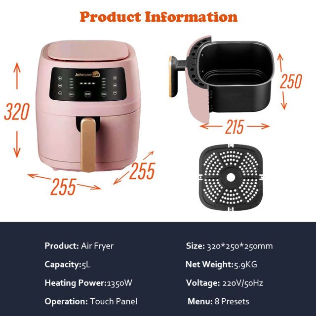 Johnsonlux Air Fryer 5L Electric Household Non-Stick Oil Free Kitchen cooker Baking Automatic Fryer 空气炸锅 Marcaron Green