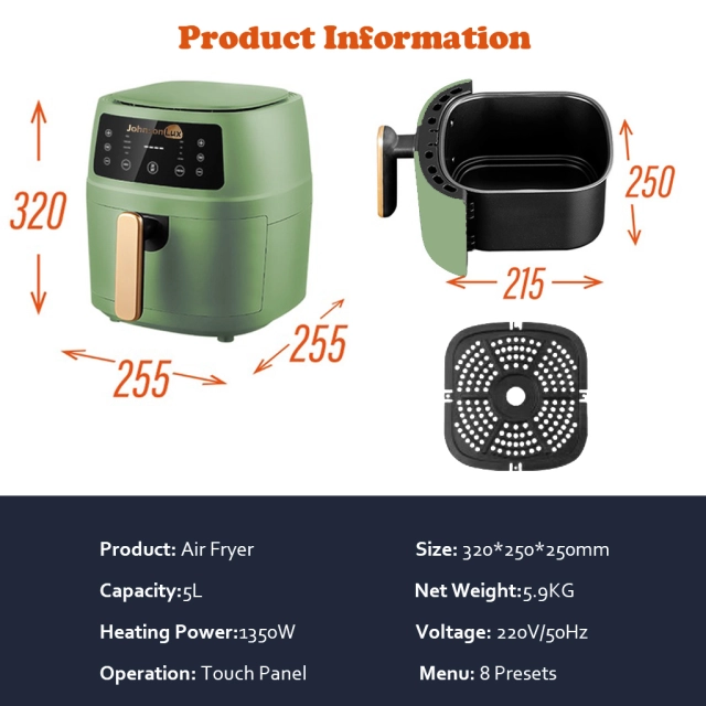 Johnsonlux Dark Green Air Fryer 5L Electric Household Non-Stick Oil Free Kitchen cooker Baking Automatic Fryer 空气炸锅