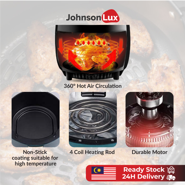 Johnsonlux Air Fryer 4.5L LED Digital Touchscreen 1200W Oil Free Nonstick Basket Oil-Free Smoke-Free Fryer 「3Pin Plug」
