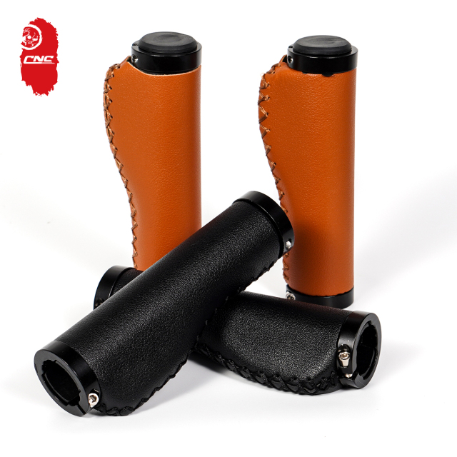 Ergonomics Bike Accessories Anti-slip with Dustproof Plugs Length 130mm Leather Bicycle Grip