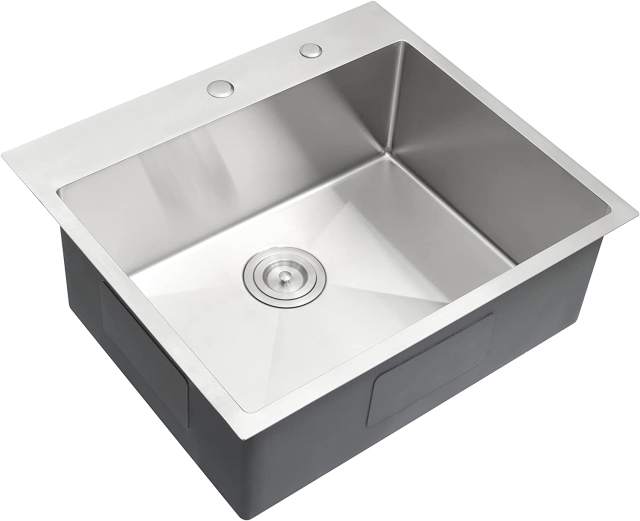 25x22 inch Handmade Topmount Sink Drop-In 16 Gauge Stainless Steel Single Bowl Kitchen Sinks with 2 Holes for Faucet & Soap Dispenser, Basket Strainer,Bottom Grid and Kitchen Towel